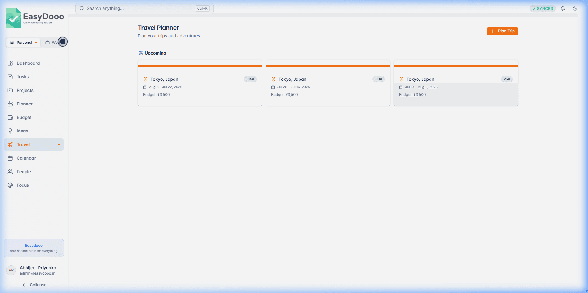 Travel Planning module screenshot