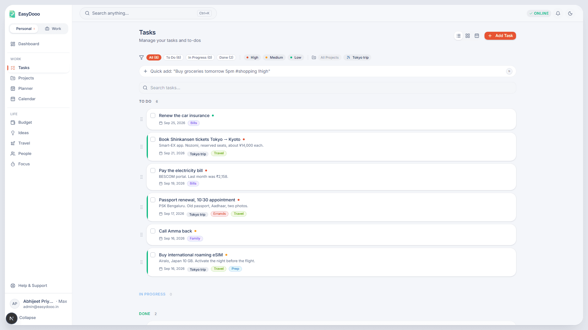 Tasks in EasyDooo